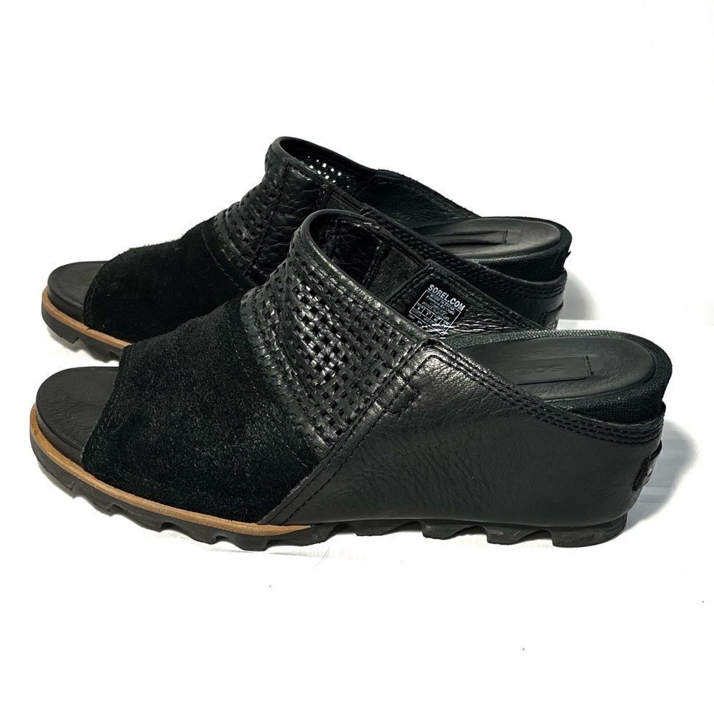 Sorel Joanie Black Suede and Laser Cut Leather Slide Mules - Picture 6 of 13
